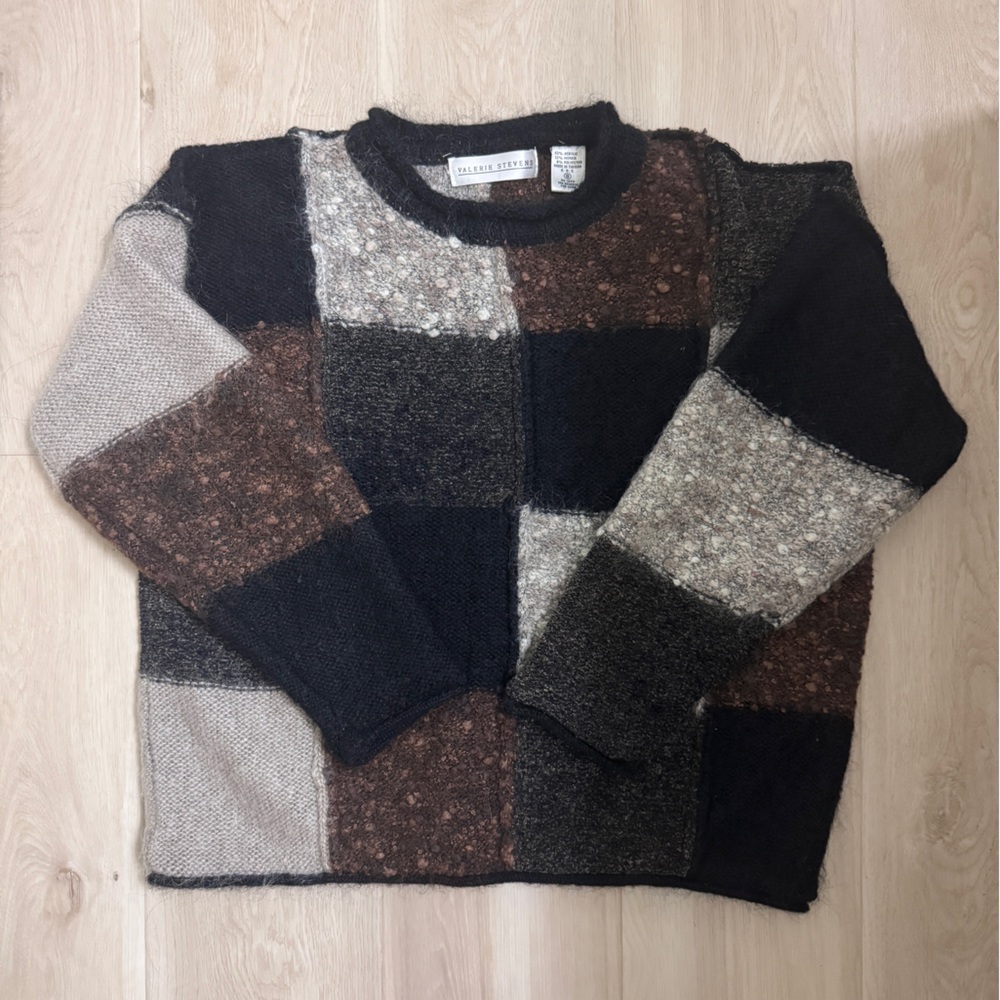 VTG Valerie Stevens Mohair Blend Patchwork Knit Sweater Black Brown Size Small